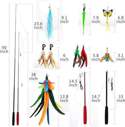 Cat Toys Interactive for Indoor Cats, 2PCS Ultra-Long Teaser(50"+38")+9PCS Da Bird Feather Refills, Fishing Pole Toy,Retractable Cat Wand Toy and Feather Toys Refills Attachment Replacement