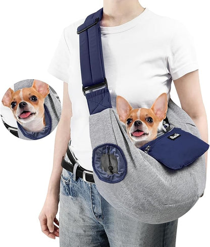 SlowTon Dog Carrier Sling - Puppy Carrier with Window and Storage Pocket Fits up to 12lbs, Dog Sling with Thick Adjustable Shoulder Strap and Safety Leash, Pet Carrier Bag for Small Dogs Cats(Blue S)