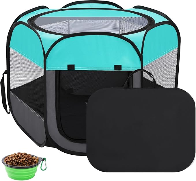 Pet Puppy Playpen for Cat Dog Indoor Outdoor, Foldable Portable Tent, Pop Up Dog Kitten Kennel Playpen with Carrying Case and Bowl,Green,Medium