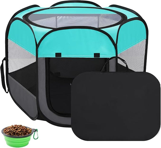 Pet Puppy Playpen for Cat Dog Indoor Outdoor, Foldable Portable Tent, Pop Up Dog Kitten Kennel Playpen with Carrying Case and Bowl,Green,Medium