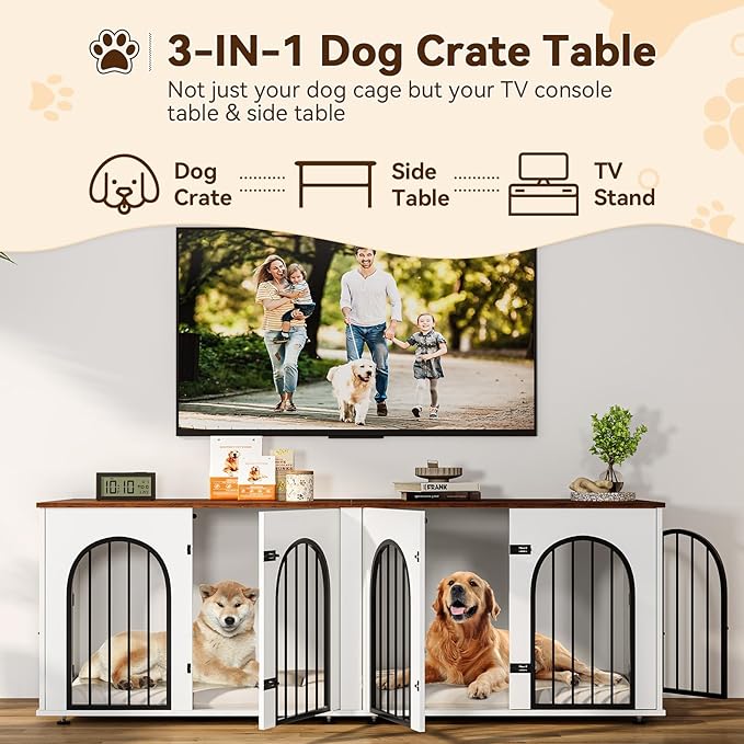 71" Large Dog Crate Furniture for 2 Dogs, Wooden Double Dog Crate with Door, Indoor Dog Kennel TV Stand with Divider and Cushion for Large Medium Dogs,White/Brown