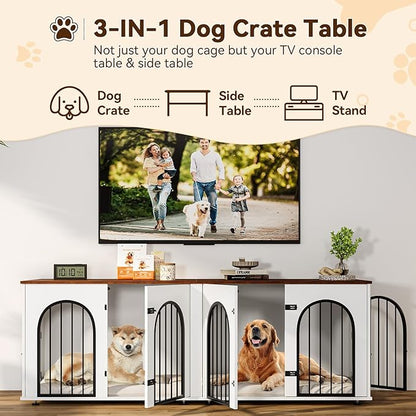 71" Large Dog Crate Furniture for 2 Dogs, Wooden Double Dog Crate with Door, Indoor Dog Kennel TV Stand with Divider and Cushion for Large Medium Dogs,White/Brown