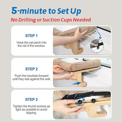 Zakkart Cat Perch for Window Sill with Bolster - Orthopedic Hammock Design with Premium Hardwood & Robust Metal Frame - Cat Window Seat for Large Cats and Kittens - Dark Stained Wood with Brown Bed