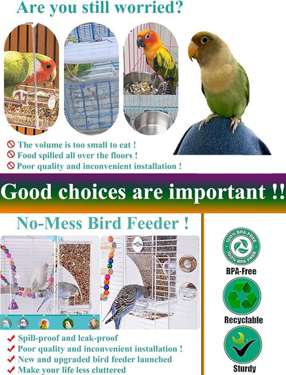 Kenond No Mess Bird Feeder Water Dispenser Set, Automatic Parrot Feeder Cage Accessories, Clear Parakeet Seed Container Food Drinker for Cage, Cockatiel Finch Lovebirds Budgies Canary (Blue)