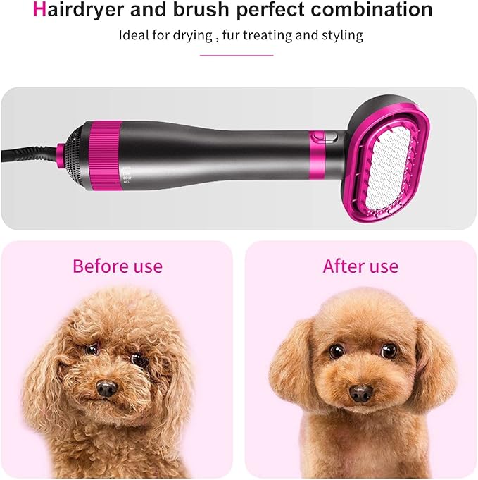 Dog Hair Dryer, 2-in-1 Dog Hair Blower with Brush, 3-Modes Blow Professional Home Grooming Drying for Small Large Cat Pet Puppy Rose