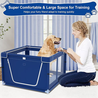 42x42x26 Inches Puppy Playpen with Gate, Small Dog & Puppy Playpen for Indoor & Outdoor, Sturdy Safety Dog Crate with Durable Mesh Windows, Blue