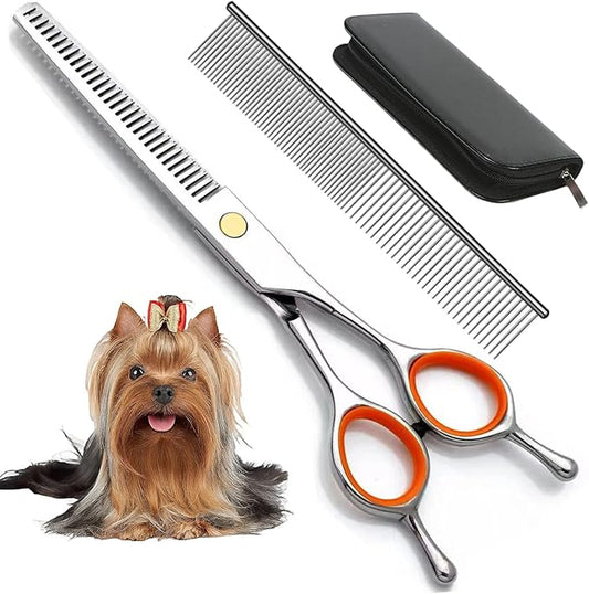 AIRY 7.5" Professional Thinning Shears Dog Grooming Blending Scissor, 20%-30% Thinning Rate Pet Grooming Thinner Blender Shears Set Includes No Traces Scissors & Steel Comb Right and Left Handers
