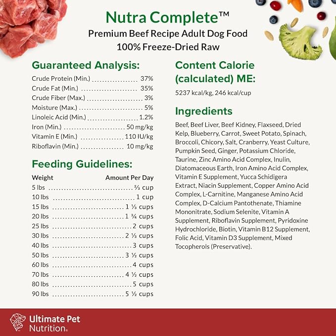 ULTIMATE PET NUTRITION Nutra Complete, 100% Freeze Dried Veterinarian Formulated Raw Dog Food with Antioxidants Prebiotics and Amino Acids (1 Pound, Beef)