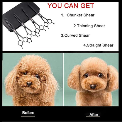 Dream Reach 7.0 Inches Professional Pet Cat Dog Grooming Shears Scissors, Straight, Curved, Thinning/Blending/Chunking Scissors Kit (4-Set Blunt Tip)