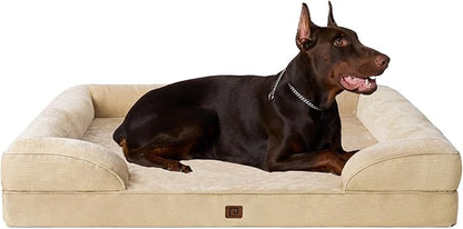 EHEYCIGA Orthopedic Dog Beds for Extra Large Dogs, Waterproof Memory Foam XXL Dog Bed with Sides, Non-Slip Bottom and Egg-Crate Foam Big Dog Couch Bed with Washable Removable Cover, Greige