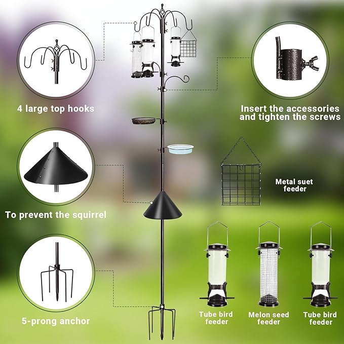 6-Hook Bird Feeding Station Kit Wild Bird Feeder Stand Pole, Multi-Feeder Hanging Kit Stand with Water Bowl, Mesh Tray and Squirrel Guard Baffle, 94 Inch