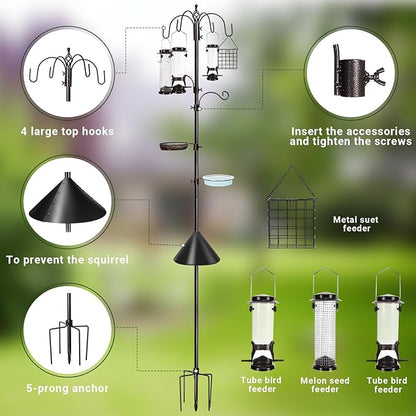 6-Hook Bird Feeding Station Kit Wild Bird Feeder Stand Pole, Multi-Feeder Hanging Kit Stand with Water Bowl, Mesh Tray and Squirrel Guard Baffle, 94 Inch
