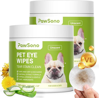 Eye Wipes for Dogs & Cats, Hypoallergenic Dog Eye Wipes Cleaner, Soothing Cleaning Grooming Pet Wipes Gently Remove Tear Stain, Eye Debris, Discharge, Mucus, Deodorizing, Unscent, 200 PCS