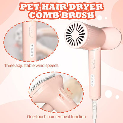 2-in-1 Pet Grooming Dryer and Brush - Overheating Protection, 3 Blowing Modes, Low Noise - Ideal for Small and Medium Dogs/Cats - Slim Handle (PINK)