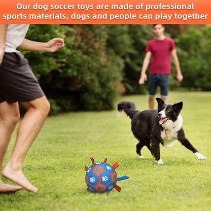 QDAN Dog Ropes Toys Soccer Ball with Straps, Interactive Dog Toys for Tug of War, Puppy Birthday Gifts, Dog Tug Toy, Dog Water Toy, Durable Dog Balls for Medium & Large Dogs- Blue&Orange(8 Inch)
