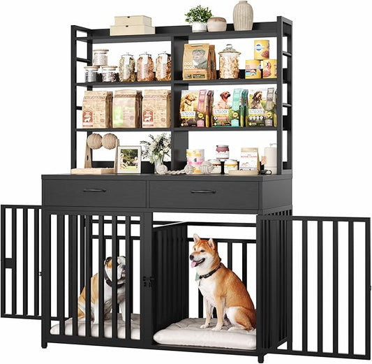 Keyluv 71''H x 47.2''W Large Dog Crate Furniture with 4-Tier Shelves and 2 Storage Drawers, Heavy Duty Dog Cage Furniture with 2 Doors, Wood & Metal Dog Kennel Indoor for Small/Medium/Large Dog, Black