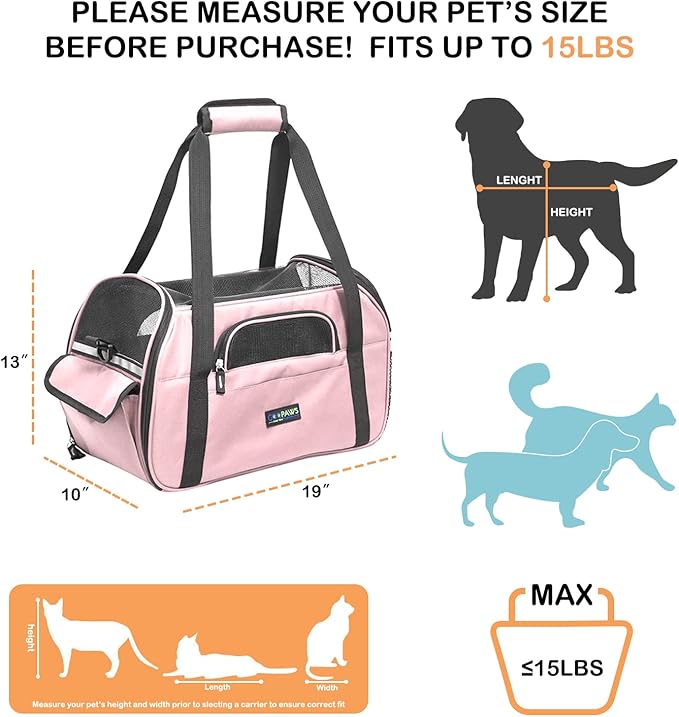 JESPET Soft-Sided Kennel Pet Carrier for Small Dogs, Cats, Puppy, Airline Approved Cat Carriers Dog Carrier Collapsible, Travel Handbag & Car Seat (Pink2, 19" L x 10" W x 13" H)