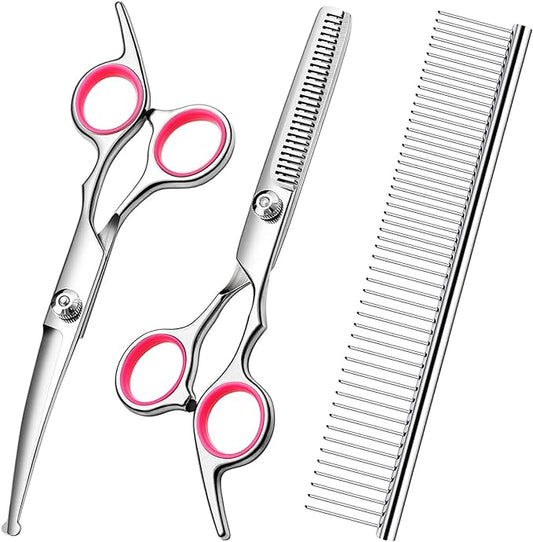 Dog Grooming Kit with Safety Round Tips Stainless Steel Professional Dog Shears Set - Thinning, Curved Scissors and Comb for Cat Pet