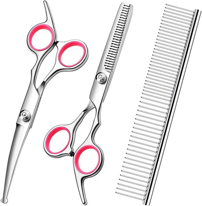 Dog Grooming Kit with Safety Round Tips Stainless Steel Professional Dog Shears Set - Thinning, Curved Scissors and Comb for Cat Pet