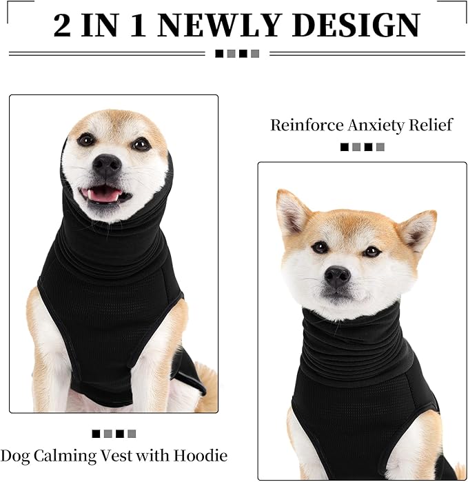 ROZKITCH Dog Calming Hoodie, Anti-Anxiety Vest for Storms & Fireworks, Adjustable Breathable Dog Shirt with Ear Wrap for Comfort Black M