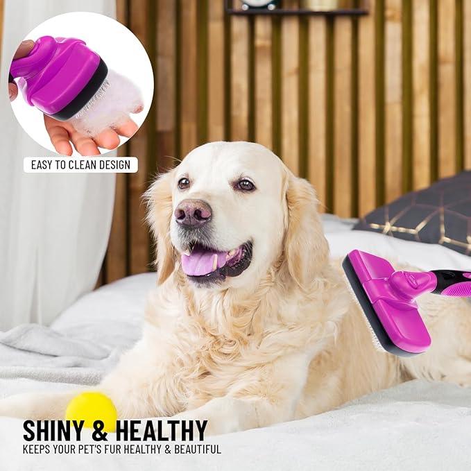 Self Cleaning Slicker Brush for Cat and Dog Coat - Detangler Dog Brush for Shedding & Grooming - Super Easy to Clean Deshedding Grooming Tool Removes Loose Pet Hair, Mats and Tangles (Pink)