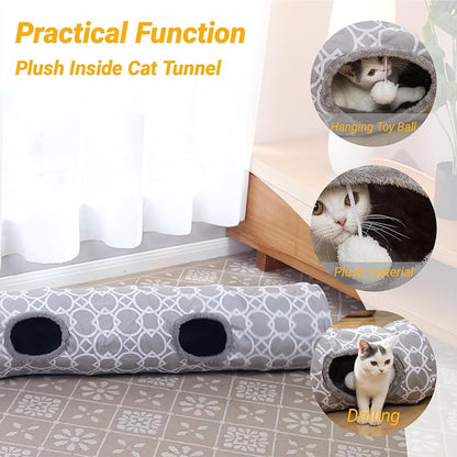 LUCKITTY Geometric Straight Cat Tunnel with Plush Inside,Cats Toys Collapsible Tunnel Tube with Balls, for Rabbits, Kittens, Ferrets,Puppy, Diameter 9.8 Inch