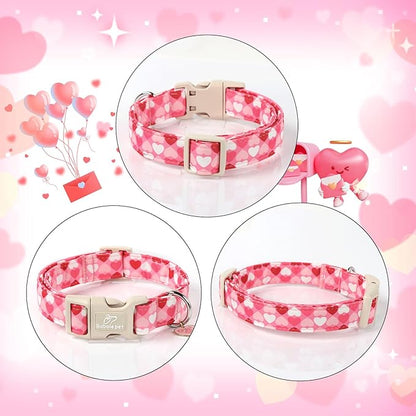 Valentine's Day Dog Collar - Cute Pink Valentines Dog Collar Girl Boy Durable Adjustable Love Heart Pattern Charm Dog Collars for Small Medium Large Dogs XS