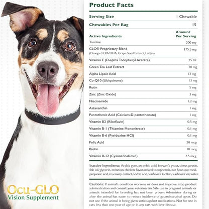Ocu-GLO Cat & Dog Senior Supplement for Eye Support - Chewable Vision Vitamins Supplements for Large and Small Pets Care with Lutein, Omega-3 Fatty Acids, Grape Seed Extract & Antioxidants