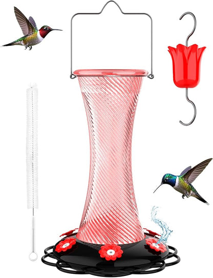 Hanging 20oz Glass Hummingbird Feeder with Moat, Small Outdoor Plastic Bird Feeder, Squirrel Proof, Ants, Outside Water Dispenser for Garden (Pink Glass Bird Feeder-2)