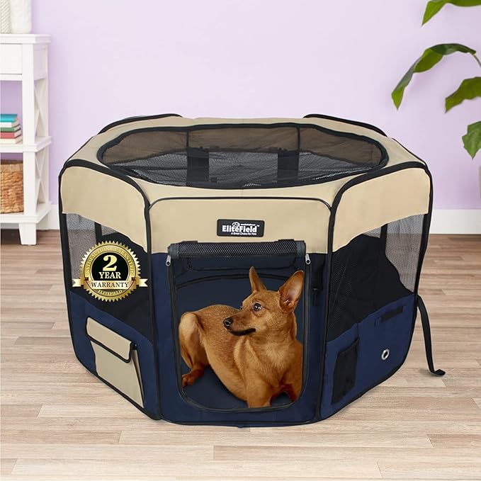 EliteField 2-Door Soft Pet Playpen (2 Year Warranty), Exercise Pen, Multiple Sizes and Colors Available for Dogs, Cats and Other Pets (30" x 30" x 20"H, Beige+Navy Blue)