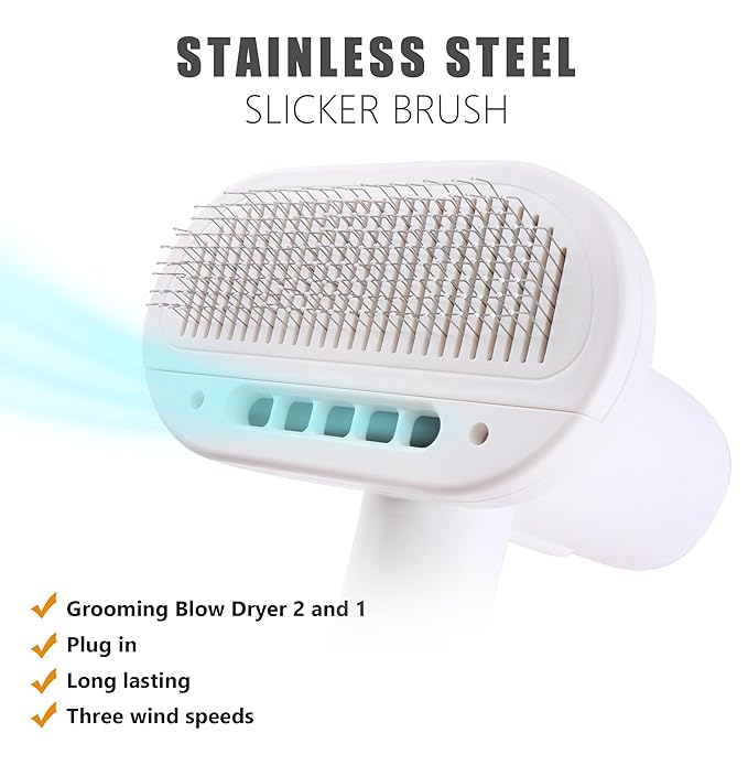 2-in-1 Dog Hair Dryer and Brush - Low Noise Operation, Overheating Protection, 3 Temperature & Airflow Settings, Self-Cleaning Button - Ideal Dog Brush for Short Haired Dogs (White)