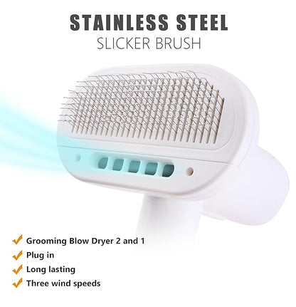 2-in-1 Dog Hair Dryer and Brush - Low Noise Operation, Overheating Protection, 3 Temperature & Airflow Settings, Self-Cleaning Button - Ideal Dog Brush for Short Haired Dogs (White)