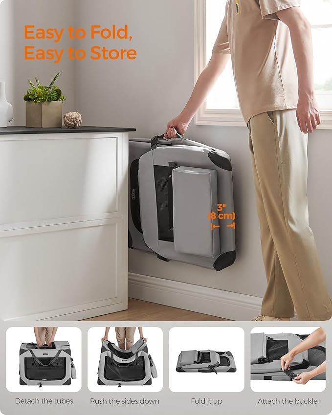 Feandrea 28 Inches Collapsible Soft Dog Crate, Portable Travel Dog Crate for Indoor and Outdoor Use, Dog Carrier Kennel with Safety Zippers, for Living Room, Car, Travelling, Smoke Gray UPDC070G02