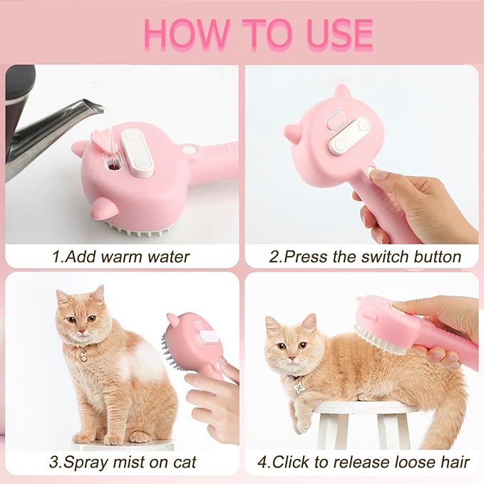 Cat Steam Brush, 3 in 1 Steamy Cat Brush for Shedding, Pets Spary Brush With Release Buttom, Self-Cleaning Cats Dogs Hair Grooming Comb, Pets Steamy Brush With Water Tank, Pink