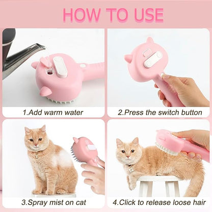Cat Steam Brush, 3 in 1 Steamy Cat Brush for Shedding, Pets Spary Brush With Release Buttom, Self-Cleaning Cats Dogs Hair Grooming Comb, Pets Steamy Brush With Water Tank, Pink