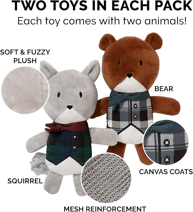 Furhaven 2-Pack Squeaky Plush Dog Toys for Small/Medium Dogs, Washable w/ Ruff Stuff Reinforcement - Dapper Dandies Woodland Collection - Bear/Squirrel, Set of 2