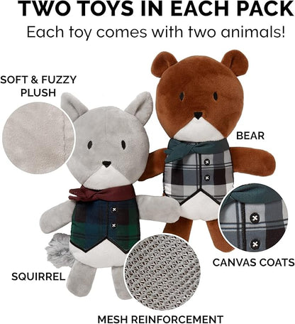 Furhaven 2-Pack Squeaky Plush Dog Toys for Small/Medium Dogs, Washable w/ Ruff Stuff Reinforcement - Dapper Dandies Woodland Collection - Bear/Squirrel, Set of 2