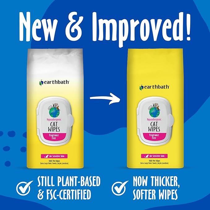 earthbath, Hypo-Allergenic Cat Wipes - Fragrance Free Cat Wipes for Paws and Butt, Best Pet Wipes for Cats with Sensitive Skin, Made in USA, Cruelty-Free Cat Cleaning Wipes - 100 Count (2 Pack)