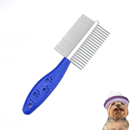 Dual Row Rubber Handle Dog Brush for Small Dogs -Grooming Tool for Puppies, Yorkies, Shih Tzus, Maltipoos & Maltese (Blue)
