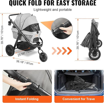VEVOR Large Pet Stroller for Dogs Cats up to 75lbs, 3 Wheels Folding Cat Dog Stroller, Portable Pet Jogging Stroller with Storage Basket, Adjutable Handle Height and Zipperless Canopy