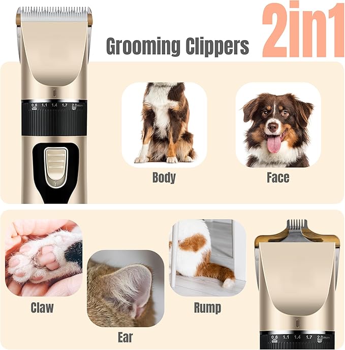 Dog Grooming Kit & Paw Trimmer-Low Noise Electric Quiet Clippers Set, Rechargeable Cordless Pet Hair Clippers for Thick Coats with Scissors & Trimmer -Professional Grooming Tools for Dogs, Cats, Pets