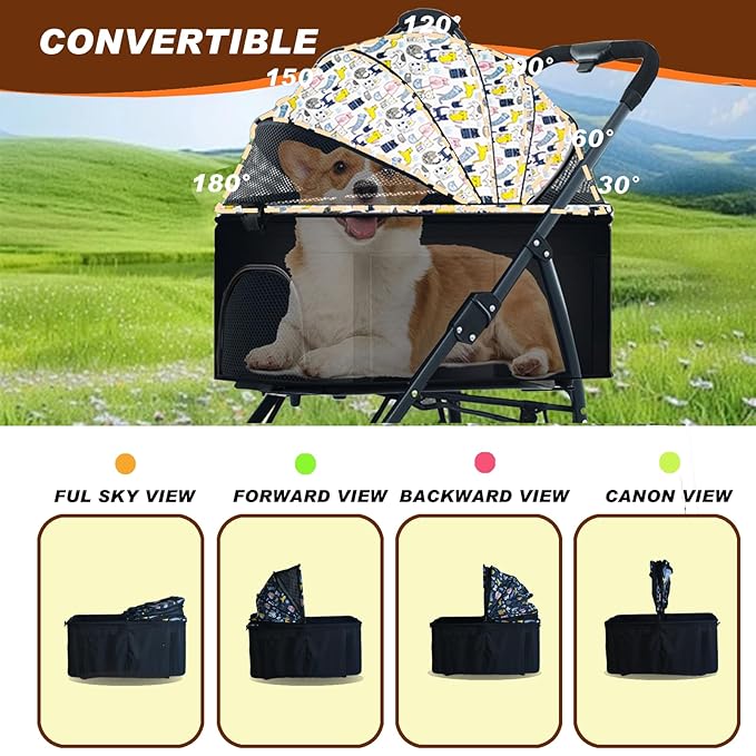 Pet Stroller 3 in 1 Folding Lightweight Dog Stroller with Detachable Carrier & Storage Basket, Premium 4 Wheels Travel Stroller for Small/Medium Pet (White)