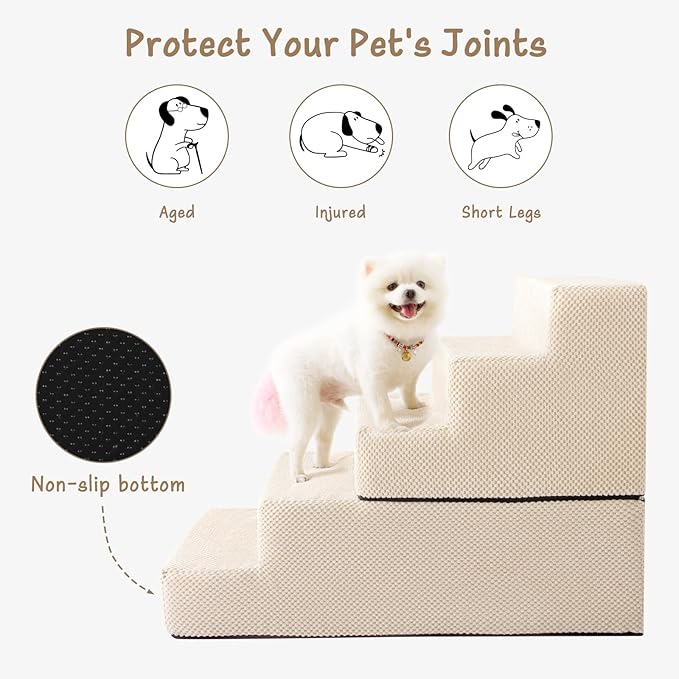 5-Step Dog Stairs to Bed, Dog Steps for High Beds and Couch, Non-Slip Pet Stairs for Small Dogs and Cats,Dog Bed Stairs, Beige, 3/4/5 Steps