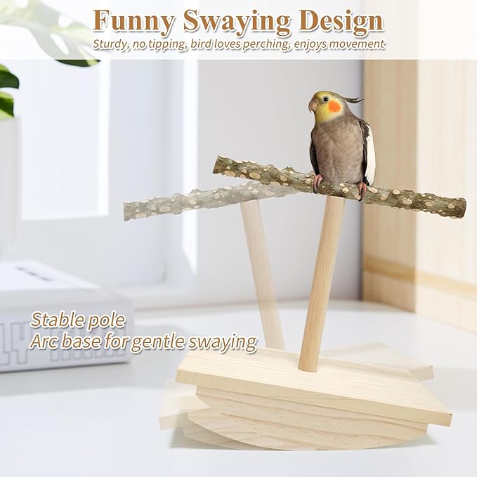 Natural Wood Bird Perch Stand,Rocking Perch for Birds,Chewing Training Parrot Tumbler Toy,Bird Stand Swing Removable Playstand Birds Cage Accessories for Parakeets,Cockatiels,Budgies,Conures(Large)