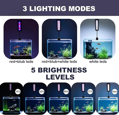 Clip-On LED Aquarium Light with Timer & Dimmable Brightness, 3 Lighting Modes, Flexible Gooseneck, Energy-Saving Fish Tank Lamp for 5-20 Gallon Betta, Nano & Planted Tanks