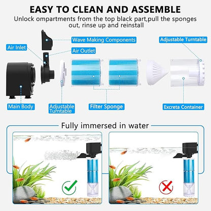fishkeeper Aquarium Filter, Fish Tank Filter with Adjustable Bubble Output, Ultra Silent Filtration/Oxygenation/Circulation & Physical Sponge Double Filtration for 25 to 75 Gallon Tank
