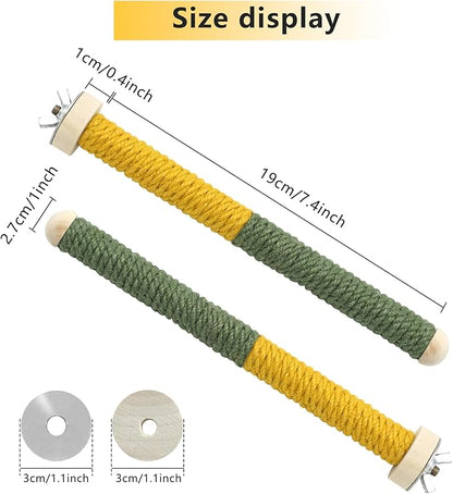 2 PCS 7.4 x 1 inch Bird Perch Parrot Stand Cage Accessories Natural Wooden Stick Paw Grinding Rope-surfaced Chew Toy Standing Rod for Exercise Training Branches (Yellow+Green-2p)