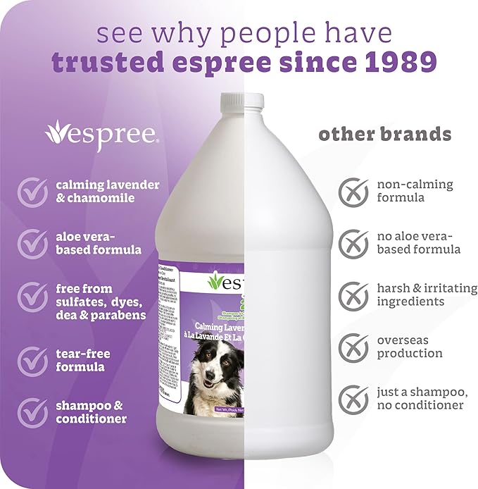 Espree Calming Lavender & Chamomile Shampoo & Conditioner, Soothes & Relaxes with Lavender, Moisturizes with Aloe Vera, Anti-Inflammatory Chamomile, Dry & Sensitive Skin, Gentle Pet Grooming, Gallon