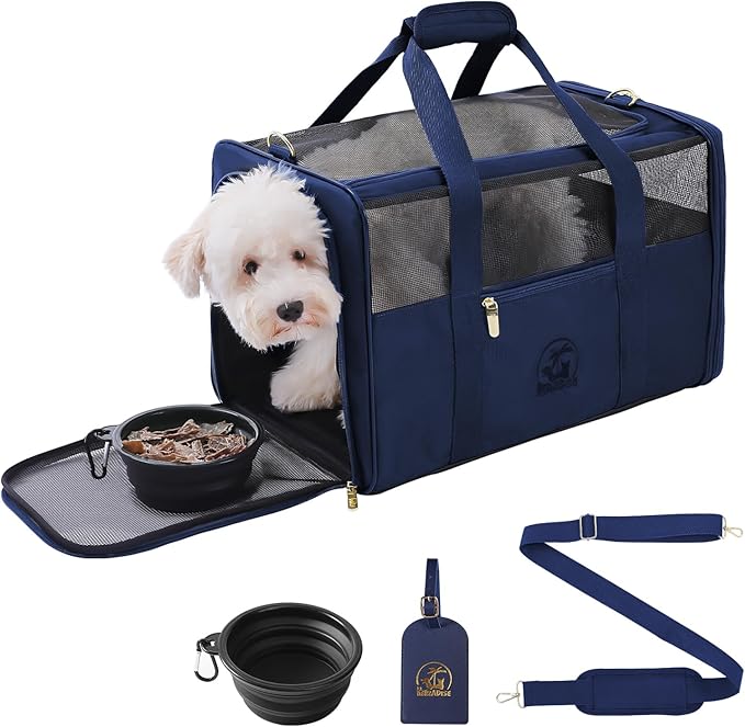 Luxury Pet Carrier for Dogs, Cats, Puppies - Airline TSA Approved, Durable Anti-Scratch Fabric, Soft-Sided, Consistent Airflow, Foldable Design, Cushion Pad, Travel (Navy Blue, Medium)