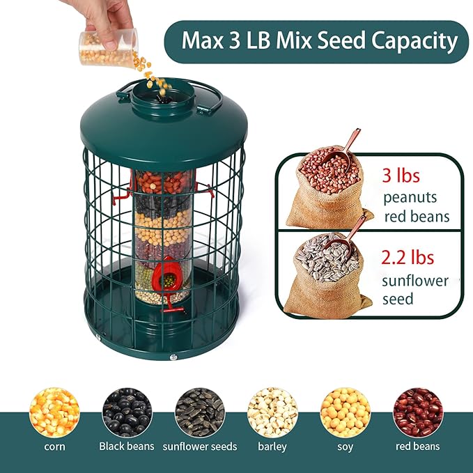 Caged Bird Feeder for Wild Birds Outside, Large Squirrel-Proof Heavy-Duty Metal Hanging Tube Bird Feeder, 4 Feeding Ports, 13.2'' High, 3LB Seed Capacity (Green)